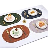 YAHUO PUレザー ランチョンマット 楕円形 プレースマット テーブルマット 両面の利用可能 防水 断熱パッド 耐久性 45*30cm(6点セット) ダークグリーン+グレー