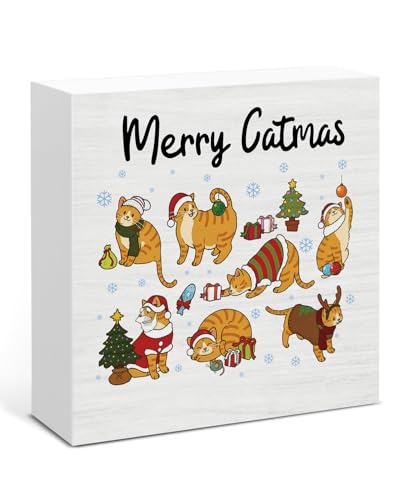 Image of Cat Christmas Decor, Merry Christmas Wood Box Sign, Cats Lovers Gifts for Women, Farmhouse Xmas Home Office Decorations for Desk Table Shelf 5 X 5 Inches