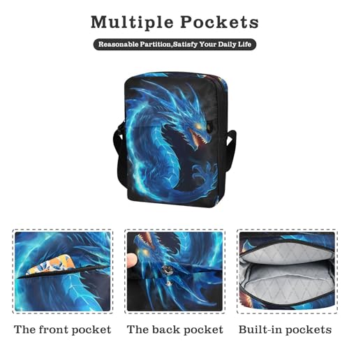 Crossbody Bag Blue Fire Flame Dragon Messenger Bag for Women Men Purse Shoulder Bag Satchel Bag with Adjustable Strap 214B52932