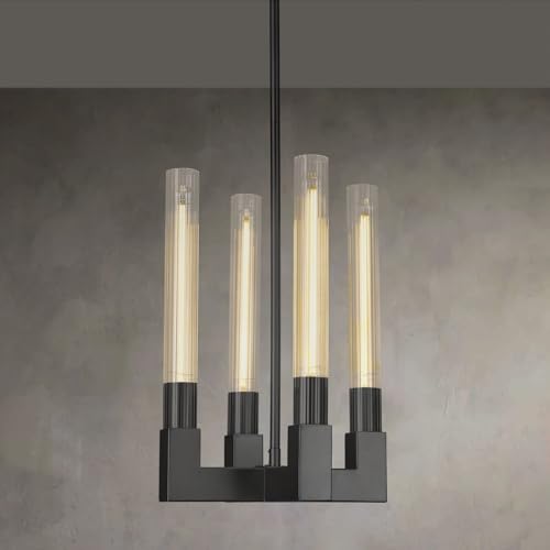 Glass Tube Black Pendant Lights Kitchen Island,4-Light Modern Farmhouse Pendant Light,Black Copper Kitchen Pendant Lighting Over Island,Indoor Chandeliers for Dining Room,Bedroom,Entryway