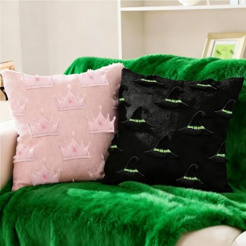 Mindsoft Set of 2 Witch Hat and Pink Crown Pillow Covers for Girls 18x18 Inch Witch Theme Throw Pillow Cases Soft Plush Cushion Covers for Christmas Halloween Sofa Couch Living Room