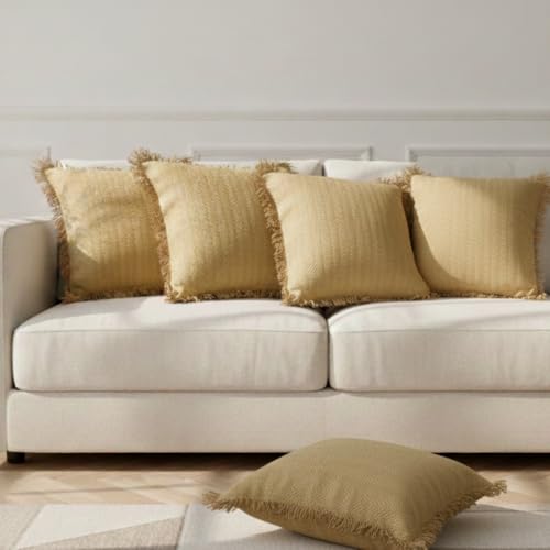 Image of Beige Cushion Covers - 16x16 Inch | Set of 2 | Hand-Woven Fringed Cotton Decorative Covers for Sofa, Living Room & Bedroom Decor | Square Shape Cushion Cases