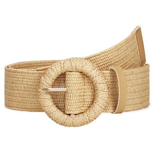 Image of Straw Woven Elastic Belt for Women Stretchy Belts for Dress Fashion Boho Waist Belt Rattan Raffia Ladies Belts
