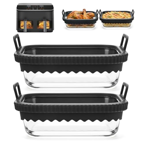 2 Stück Auflaufform Airfryer mit Silikongriffen für Ninja Cosori Philips Airfryer Glasbehälter Hitzebeständig Kraztfest Spülmaschinenfest Herausnehmbarer Silikonring Auflaufform für Heißluftfritteuse