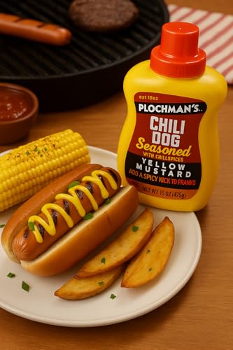 Image of Plochman's Chili Dog Mustard, 15 oz, Perfect for Hot Dogs, Burgers, Pretzels, Fries & Dipping - Smooth Chili-Flavor Condiment in Squeeze Bottle