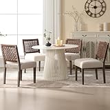LZAREAL Farmhouse Dining Chairs Set of 4 Linen Fabric Upholstered Accent Side Chair, Mid Century Modern Kitchen & Dining Room Chairs with Woven Rope Back for Home, Living Room, Bedroom - Beige