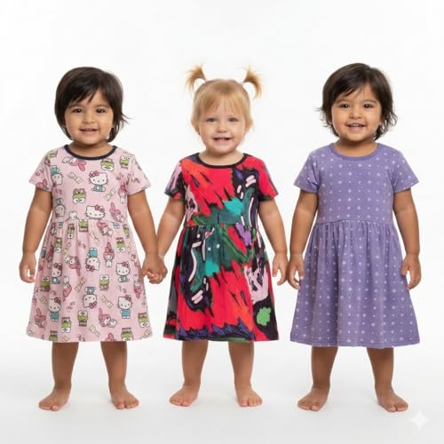 Image of Kids 3 Combo Cotton Frock for Girls | Multicolour Knitted Summer Dress | Below Knee Baby Girl Dress with Round Neck & Cup Sleeves (Random Colours)