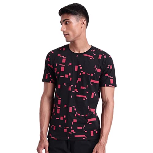 Image of Bewakoof Men's Geometric Print Black Round Neck Half Sleeve T-Shirt