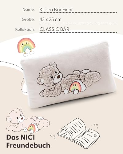 NICI Kissen Bär Finni 43x25cm - grau - Flauschiges Kuscheltierkissen für Jungen, Mädchen, Babys und Kuscheltierliebhaber, ideal für Zuhause, Kindergarten oder unterwegs | 62334