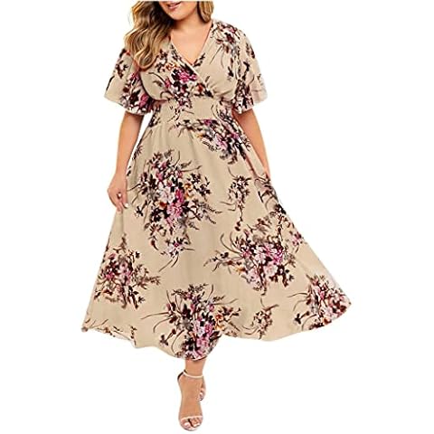 CHGBMOK Women's Plus Size Dresses Wrap V Neck Summer Dress for Ladies Floral Printed Midi Dress Casual Flowy Elegant Dresses Cover