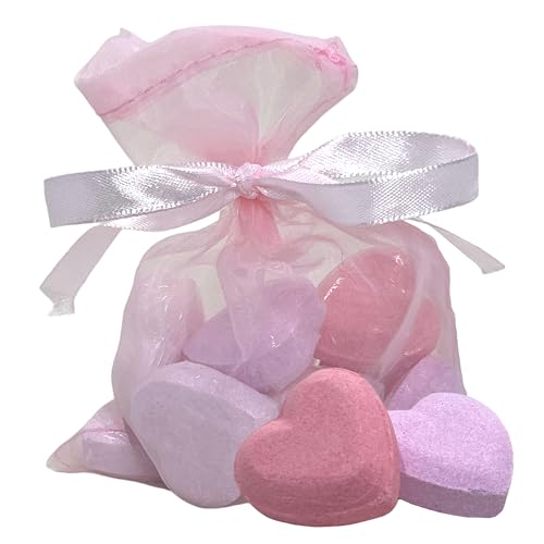 MIJOMA Juego de 10 bombas de baño de lujo, aroma relajante, cuidado de la piel, color rosa/rosa, 12 g por corazón, bolsa de tela incluida