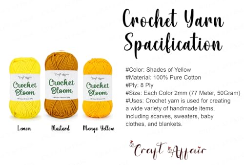 Image of Craft Affair | Crochet Bloom Cotton Yarn 8ply (Each Color 2mm, 77Meter, 50Gram) 100% Pure Cotton | for Knitting Yarn | Craft & DIY Project: Lemon, Mustard, Mango