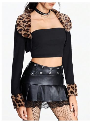 MakeMeChic Women's Cheetah Print Tops Y2K Cardigan Fuzzy Shrugs Open Front Long Sleeve Crop Tops3