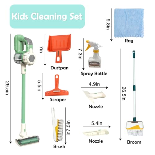 BAYMI Kids Vacuum That Really Works 9Pcs Aged 3+ Kids Cleaning Set for Toddlers Toy Cleaner Kids Broom and Dustpan Set Scrub Brushes Baby Boy Girl Gifts ( 950Green)