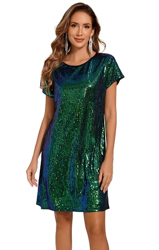 Image of Women's Crewneck Sequin Shift Dress Short Sleeve Casual Holiday Sparkly Party Dress