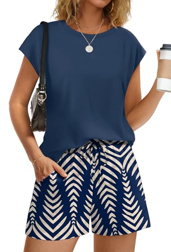 Image of WIHOLL Two Piece Sets for Women Summer Crew Neck Lounge Short Sets Cap Sleeve Drawstring Sweatsuit with Pocket