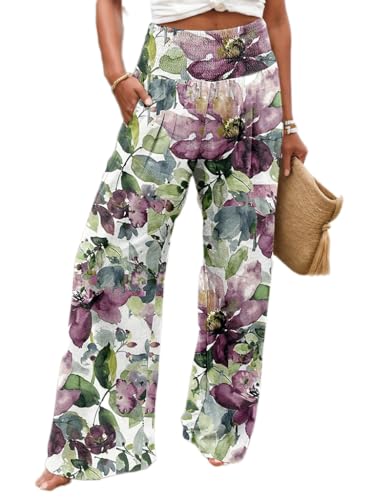 TIAFORD Wide Leg Palazzo Pants for Women Floral Printed Elastic High Waist Linen Pants Flowy Beach Trousers with Pocket