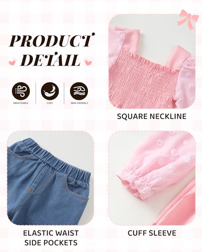 Image of Kucnuzki Toddler Kids Girl Clothes Long Sleeve Shirt Tops Baggy Jeans Cute Pants Set Baby Girl Outfit 2 Piece Clothing