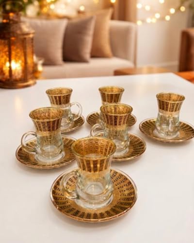 Altın Desenli Kulplu Çay Seti, 6'lı Cam Bardak, İnce Belli Çay Bardağı ve Tabaklı, 6 Parça - Görsel 5