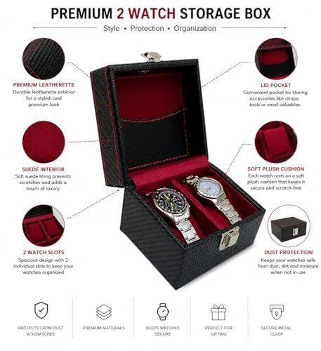 Image of Watch Organiser Display Box Made in Leatherette and Suede with Contarst thread Topstitch | For Men &Women | Gift For Any Occasion (2 slots watch box with lid pocket)
