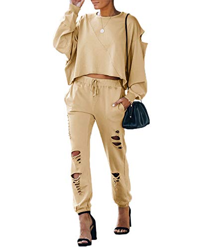 Eurivicy Women s Ripped Hole 2 Piece Outfits Set Pullover Sweatshirt and Pocketed Joggers Fashion Sport Jumpsuits Sets Khaki