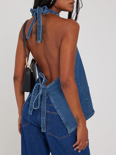 Tankaneo Womens Halter Denim Vest Tops Summer Open Back Y2K Going Out Tank Tops V Neck Button Down Jean Shirts2
