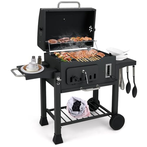 COSTWAY Holzkohlegrill, Grillwagen mit Deckel, Rädern, 2 klappbaren Seitentischen, Grillrost, Thermometer, 6-fach-Holzkohlebehälter und Ablagefach, Standgrill, Kohlegrillwagen