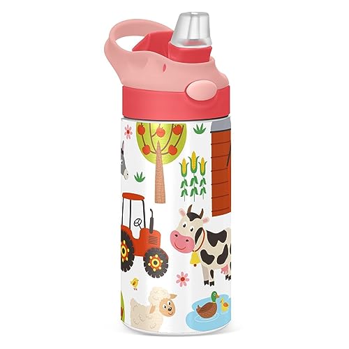 GOODOLD Farm Animals Kids Water Bottle, Insulated Stainless Steel Water Bottles with Straw Lid, 12 oz BPA-Free Leakproof Duck Mouth Tumbler for Boys Girls