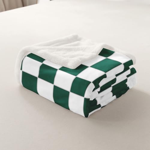 Image of Erosebridal Aesthetic Checkered Sherpa Blanket Twin 60 inchX80 inch White Green Checkerboard Fleece Bed Blanket,Buffalo Plaid Grid Throw Blanket for Kids Teen Adults Geometric Gingham Fuzzy Blanket