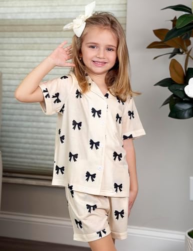 Image of Arshiner Girls Pajamas Sets Short Sleeve Kids Pjs Button Down Sleepwear | Cute Printed Pajamas for Little & Big Girl, Lightweight Comfy Fabric, 2-Piece Outfits, Perfect for Lounge Pajamas Party