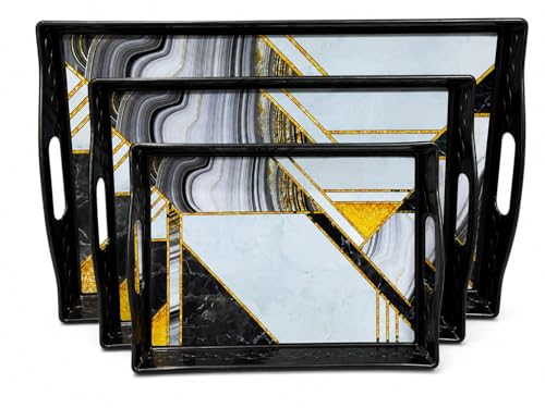 Image of KITCHIVO 3 Pcs Plastic Serving Tray Set with Handle | Multipurpose Tea Snacks Breakfast Tray | Floral Printed Rectangular Serving Trays for Kitchen & Home (Black Marble Luxe)