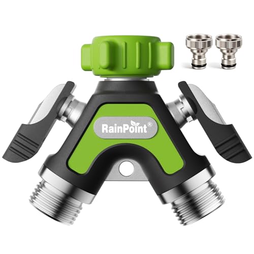 RAINPOINT 2 Wege Verteiler, Vollmetall-Schwerlast-Wasserverteiler mit 5.2 cm Extra Langer Seitenhebel & Absperrventilen, Gartenschlauch Y Verteiler 3/4' & 1/2', Gleichzeitiger 2 Fach Anschluss(Grün)