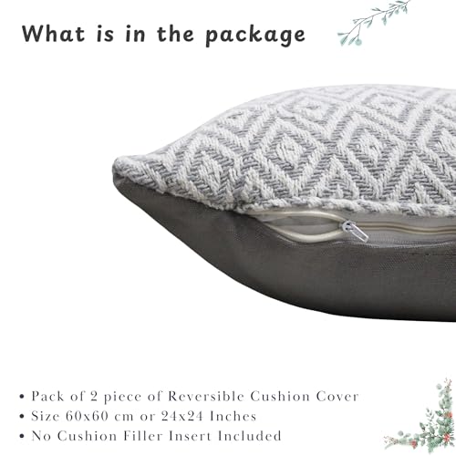 Image of Pack of 2 Reversible 24x24 Grey Cotton Argyle Woven Fashion Throw Pillow Covers Cases for Couch Sofa Home Decoration | 60x 60 cm