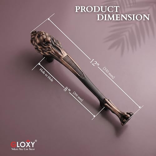 Image of GLOXY Premium Copper Black 12 inch Lion Shaped Main Door Handle with 8 inch Hole-to-Hole Spacing - Decorative Push & Pull Aluminium Wooden & Glass Door Handle for Homes, Hotels, Villas & Offices - Pack of 1