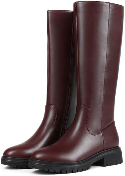 ZJA Knee High Boots Women Wide Calf Platform Round Toe Low Flat Heel Fall Riding Fashion Tall Boots Long Boots Burgundy Size 7.5 - Image 4