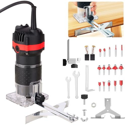Wood Router 800W Compact Electric Trimmer Laminate 30000r/min Wood Router with 15pcs Milling Cutter Edge Guides 1/4 6.35mm Hand Palm Woodwork Machine Joiner Tool for DIY Slotting Trimming Handicraft
