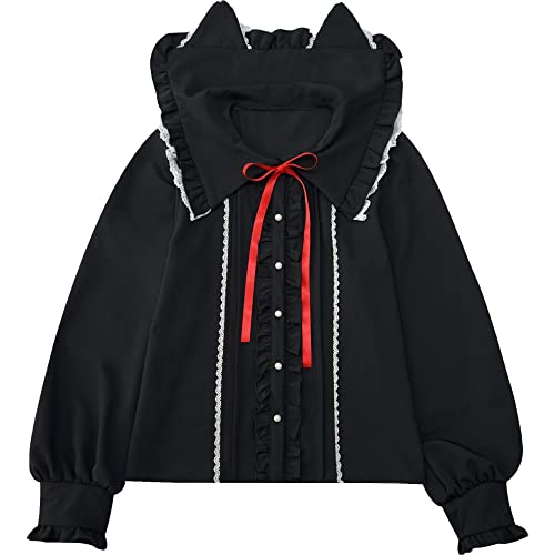 Image of Lolita Women Ruffle Sailor Collar Blouse Shirt Kawaii Teen Bow Tie Cat Ears Fashion Button Front Junior Cute Tops