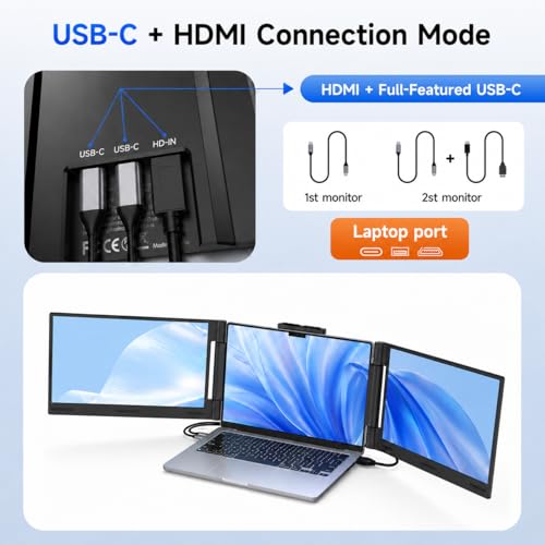 Image of AOC 14 inch Laptop Screen Extender, Triple Portable Monitor for 13 inch-17.3 inch Laptops, 1080P FHD IPS Display, HDMI /USB-C Cable Plug-Play Laptop Monitor Extender for Mac /Windows (Black)