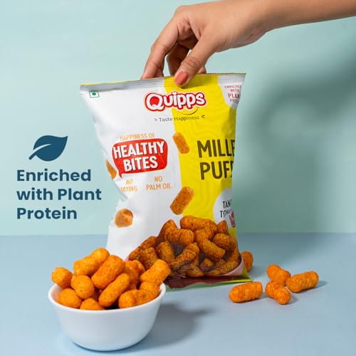 Image of Quipps Millet Puff Tangy Tomato Pack of 6, 60g Each | Non-Fried Puffed Millet Snack | Plant Protein Enriched | Gluten Free | No Palm Oil, No Artificial Preservatives | Light & Crunchy Snack for Office & Travel