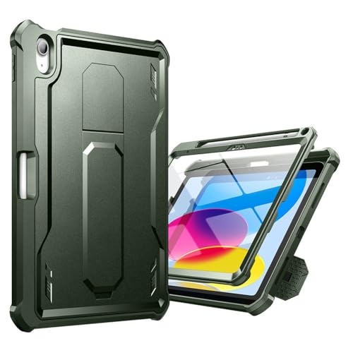 iPad 第11世代用タブレットケース、TPUフルカバー、屋外用ミリタリーグレードの落下防止ケース、スクリーンプロテクター、ホルダー、ペンスロット付き、A16保護ケース、ミリタリーグリーン、iPad 第11世代用