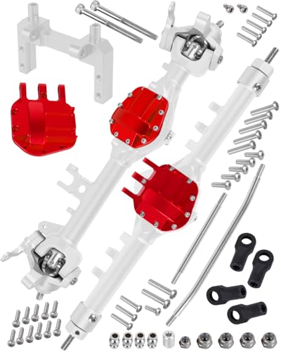 RCHuiWow RC Alloy Front Rear Portal Axle Upgrades Part for 1/10 RC Crawler SCX10 90046 90047,Aluminium Front Rear Complete Portal Housing,Silver w/ Red