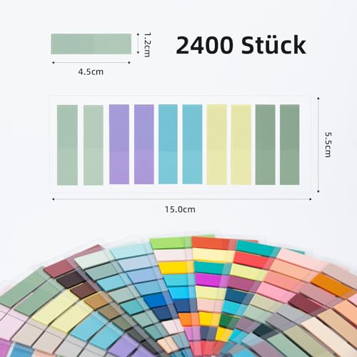 damoguin 2400 Stück Haftstreifen, 12 Set kleine selbstklebende Haftnotizen, Transparent Sticky Notes, Klebezettel die als Tabs for Books und Index Annotating Tabs (Bunt)
