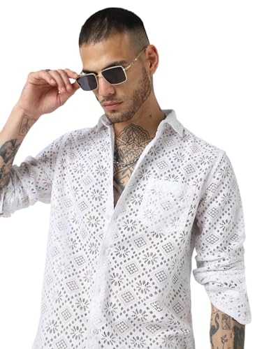 Image of VASTRADO Mens White Crochet Shirt | 100% Polyester, Lightweight & Breathable Fabric | Point Collar, Full Sleeves, Patch Pocket, Button Cuffs, Curved Hem | Casual & Versatile Style