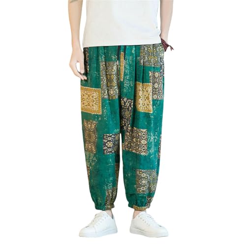 Pantalon sarouel court homme en coton et lin ample pour l'été