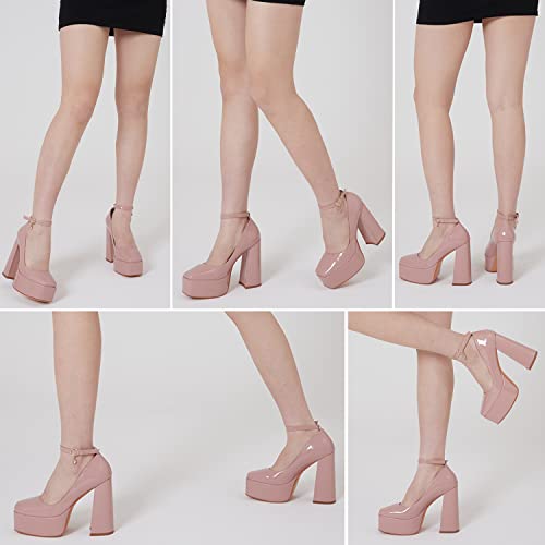 Goiphrri Womens Platform Chunky Pumps Ultra-Flat Square Toe Block Heel And Ankle Strap Buckles Wedge Dress Pumps Fashion Shoes For Women Nude #TOP1
