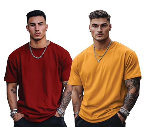 Image of Veirdo Solid Oversized 100% Pure Cotton Combo T-Shirt for Men & Boys (Half Sleeves, Round Neck, Drop Shoulder, Baggy Fit, Pack of 2, Available in S to 2XL