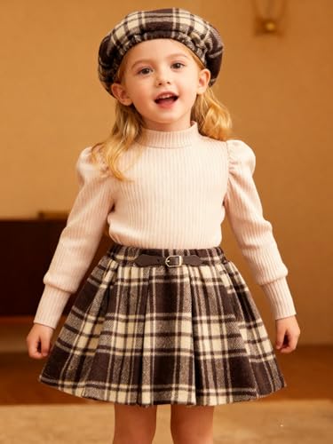 Image of Toddler Girl Outfits Puff Sleeve Ribbed Shirt Knitted Tops Pleated Plaid Skirt Set with Hat 3Pcs Fall Winter Clothes