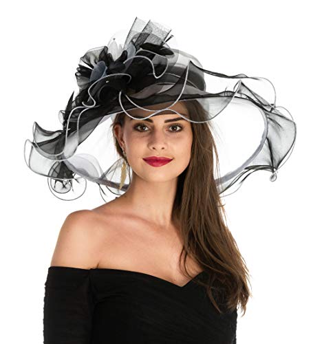 Women's Organza Church Kentucky Derby British Fascinator Bridal Tea Party Wedding Hat Summer Ruffles Cap（F1-Black White Flower） - Thumbnail 3