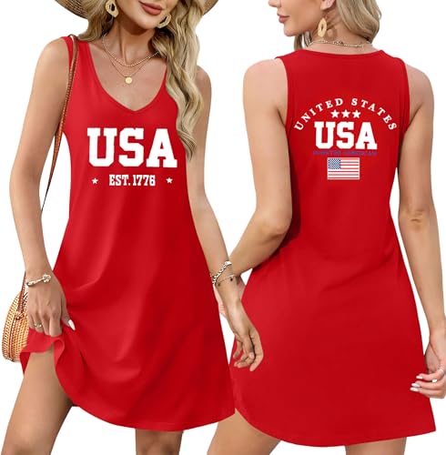 Image of LHBNK 4th of July Dress for Women: American Flag Tank Dresses Star Striped Splicing Loose V Neck Sundresses
