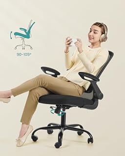 SONGMICS Sedia da Ufficio Girevole, Sedia di Rete da Computer Ergonomica, Supporto Lombare, Oscillante, Seduta 53 cm, Braccioli Pieghevoli, Nero OBN37BK